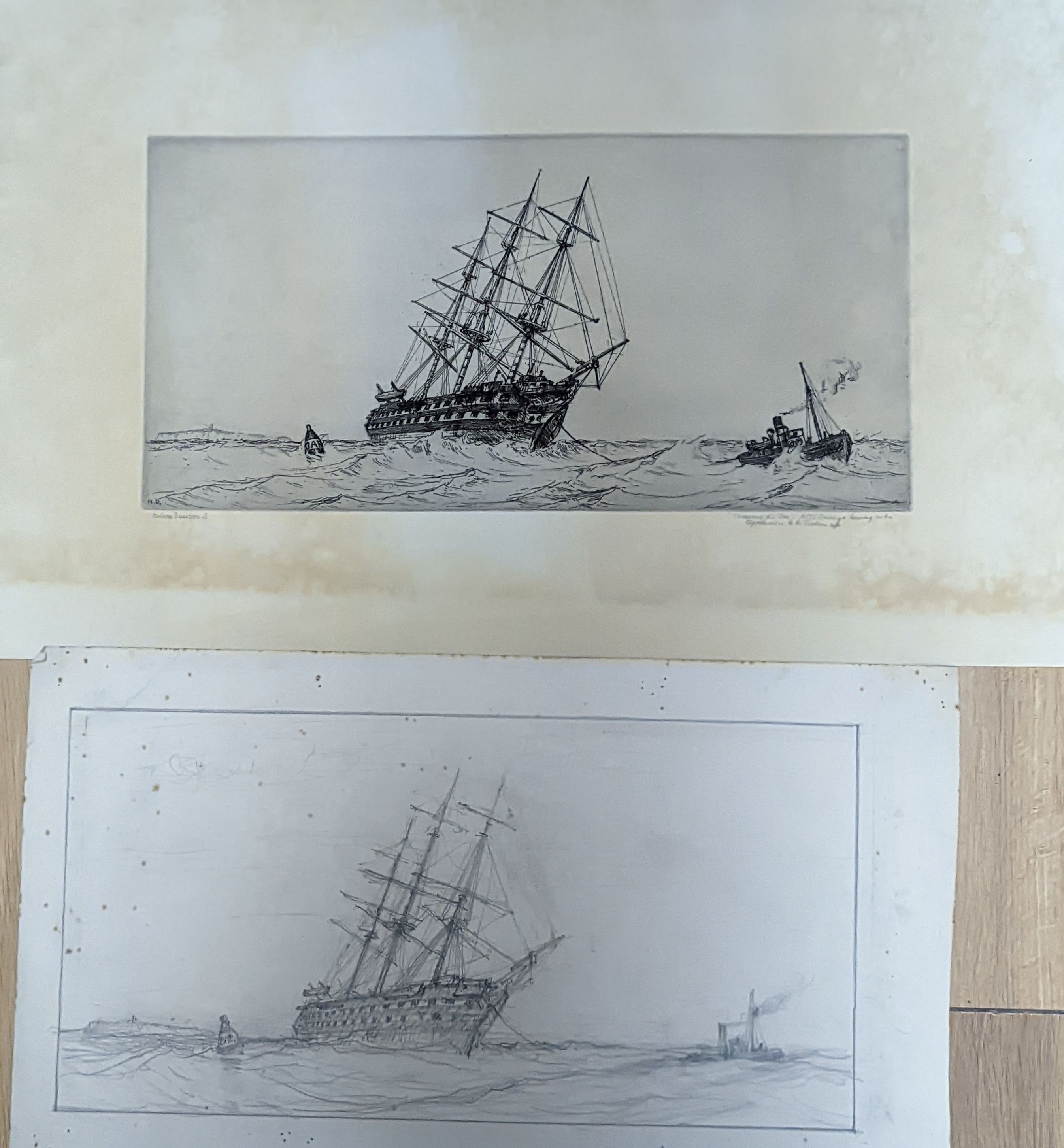 Nelson Dawson (1859-1941) an original drawing and the corresponding etching, 'Crossing The Bar -